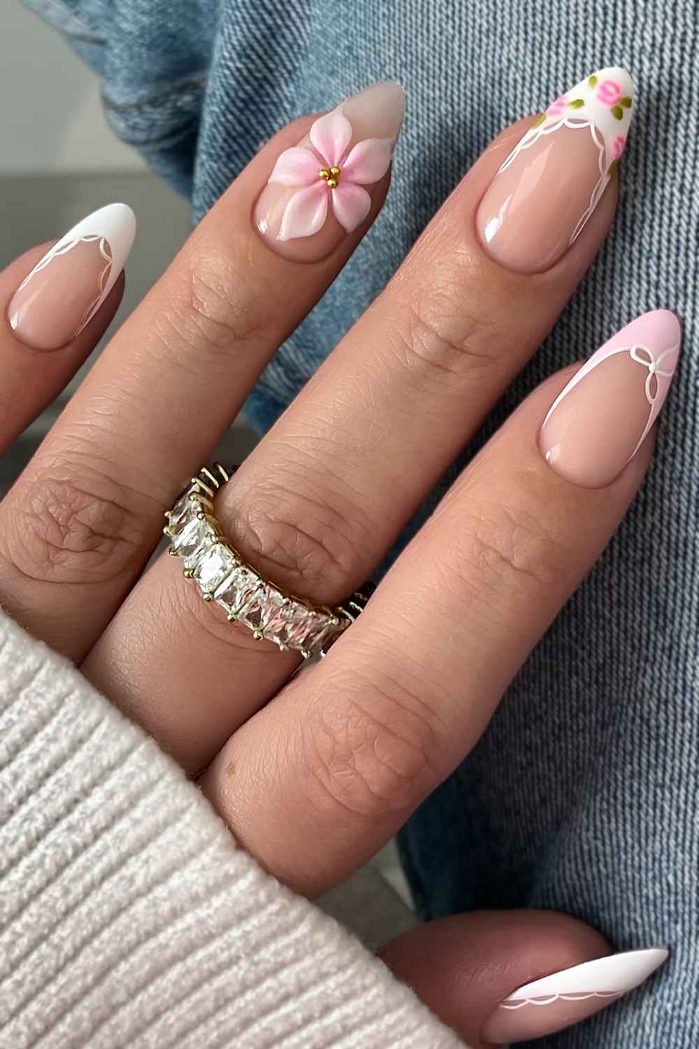 Pink spring French mani with flowers and lace
