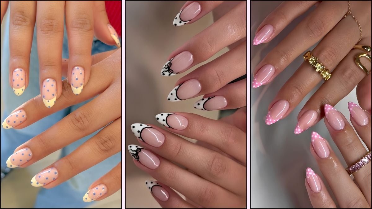 A collage of polka dot French tip nail designs