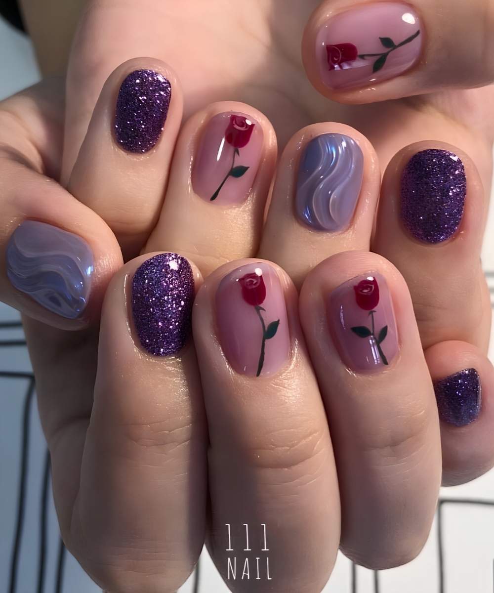 Purple nails with glitter and roses