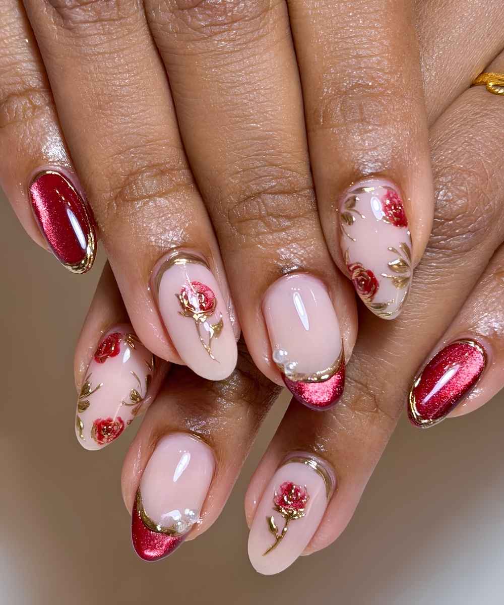 Red cat eye nails with rose and gold accents
