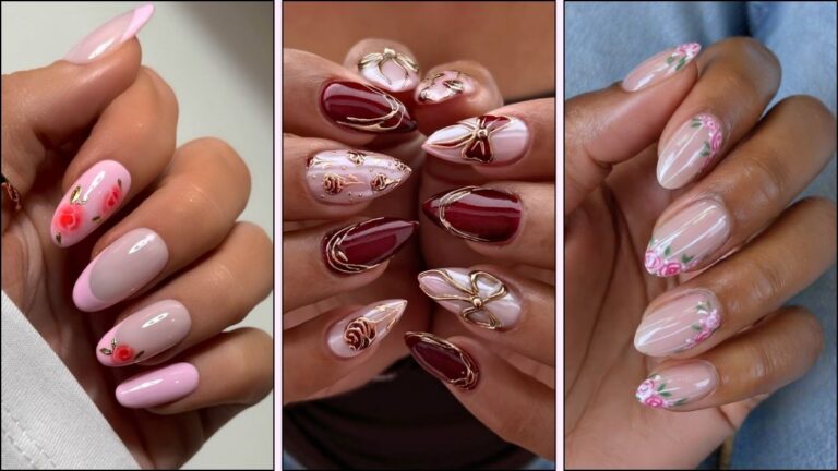 A collage of rose nail designs