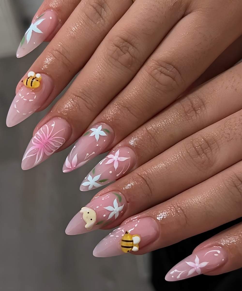 Sheer mani with flowers and textured bee art