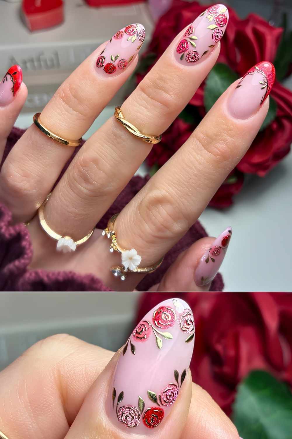 Shimmery red French nails with roses