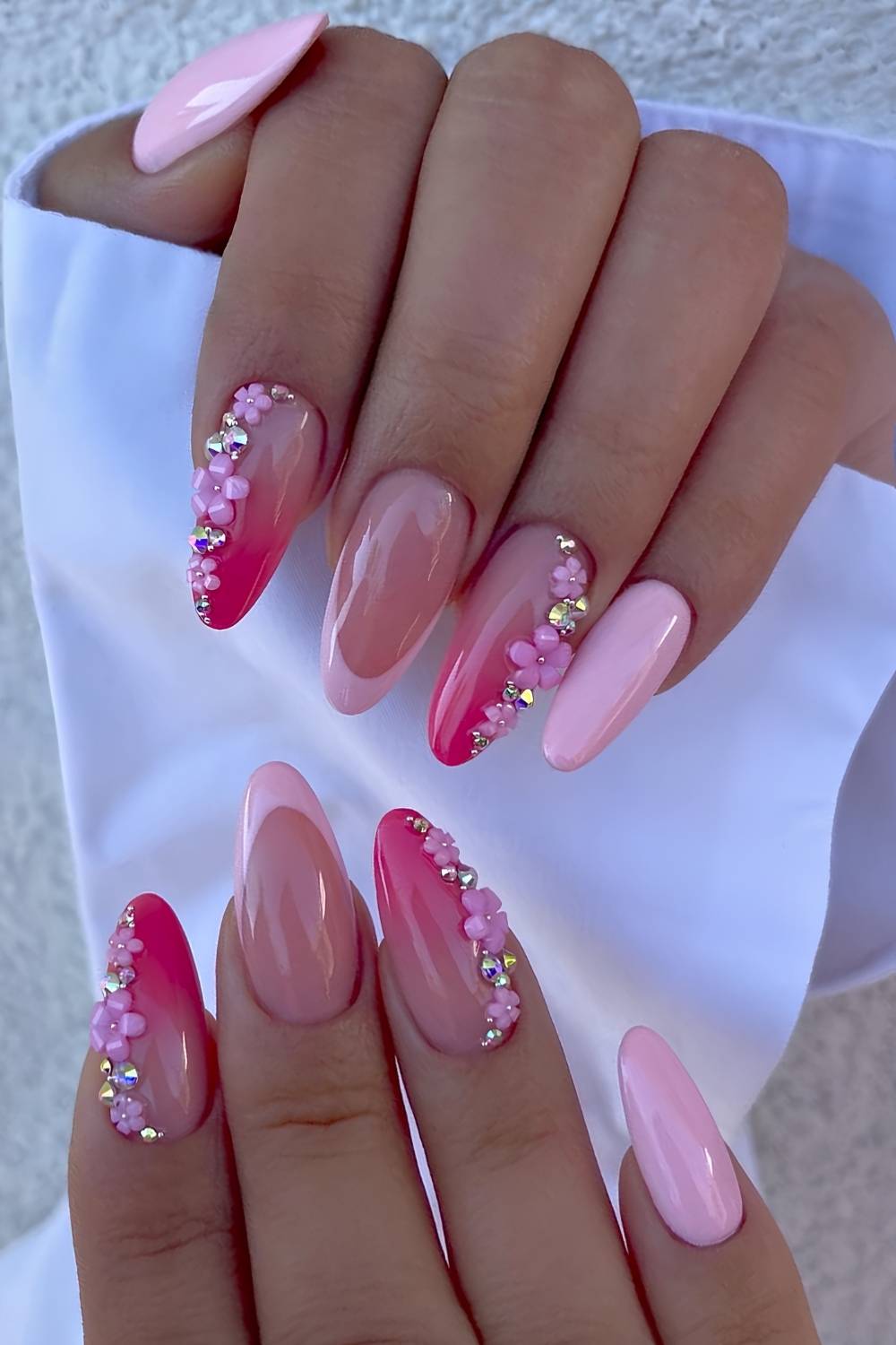 Two tone pink nails with floral accents