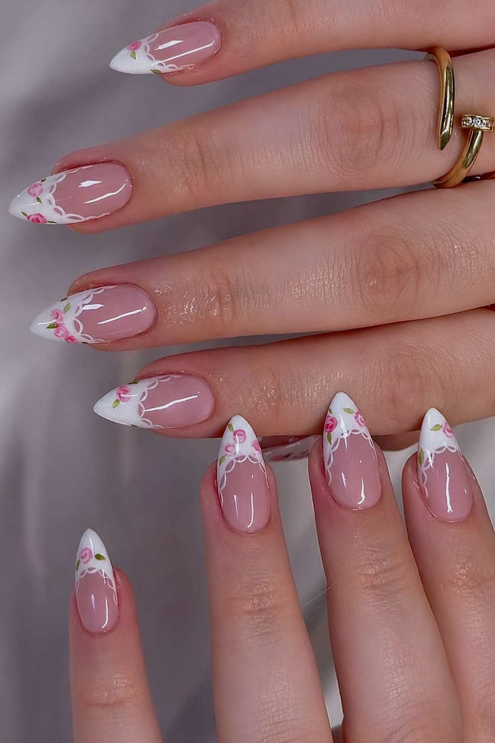 White French nails with lace and rose art