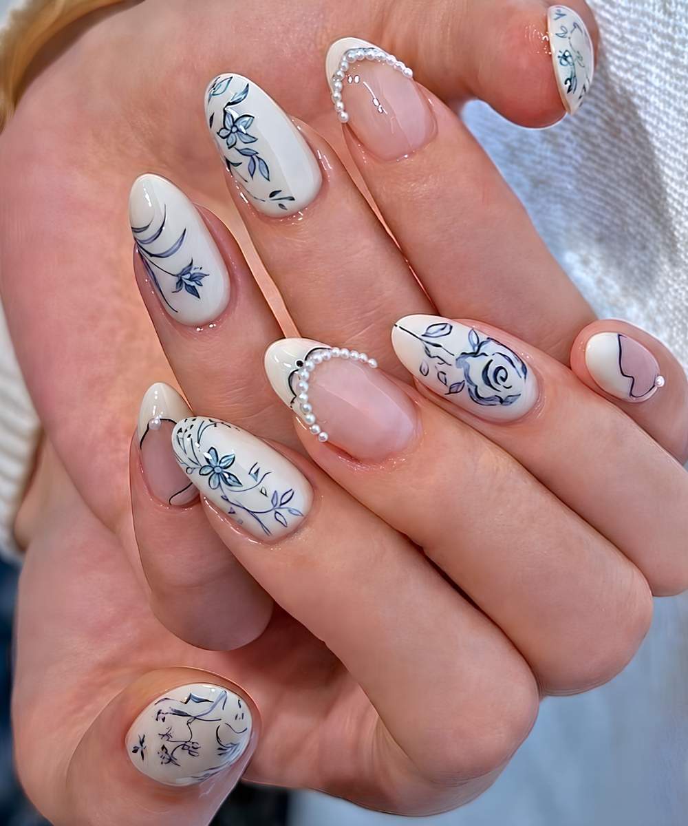 White and blue porcelain inspired mani with roses