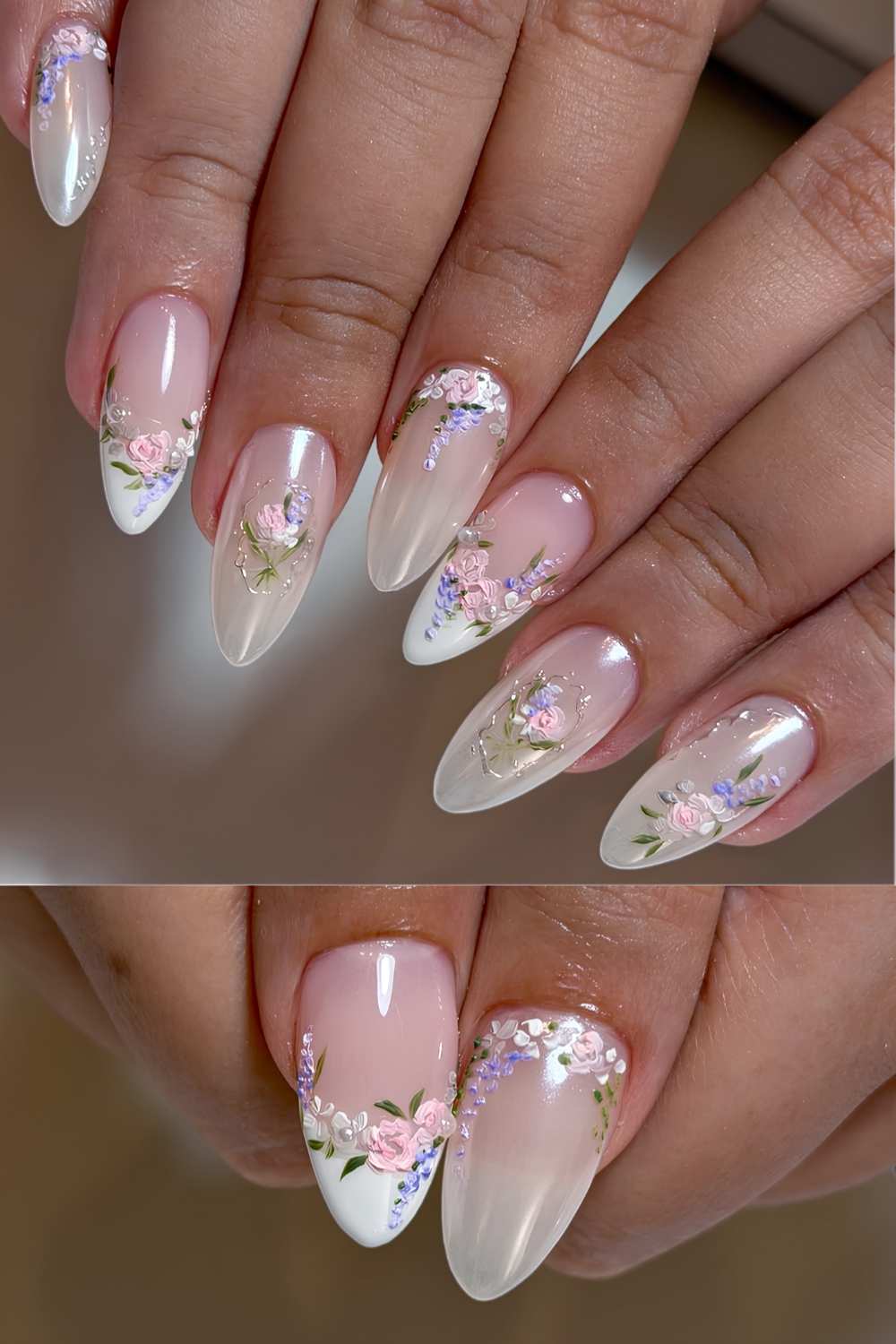White chrome nails with pastel vintage florals