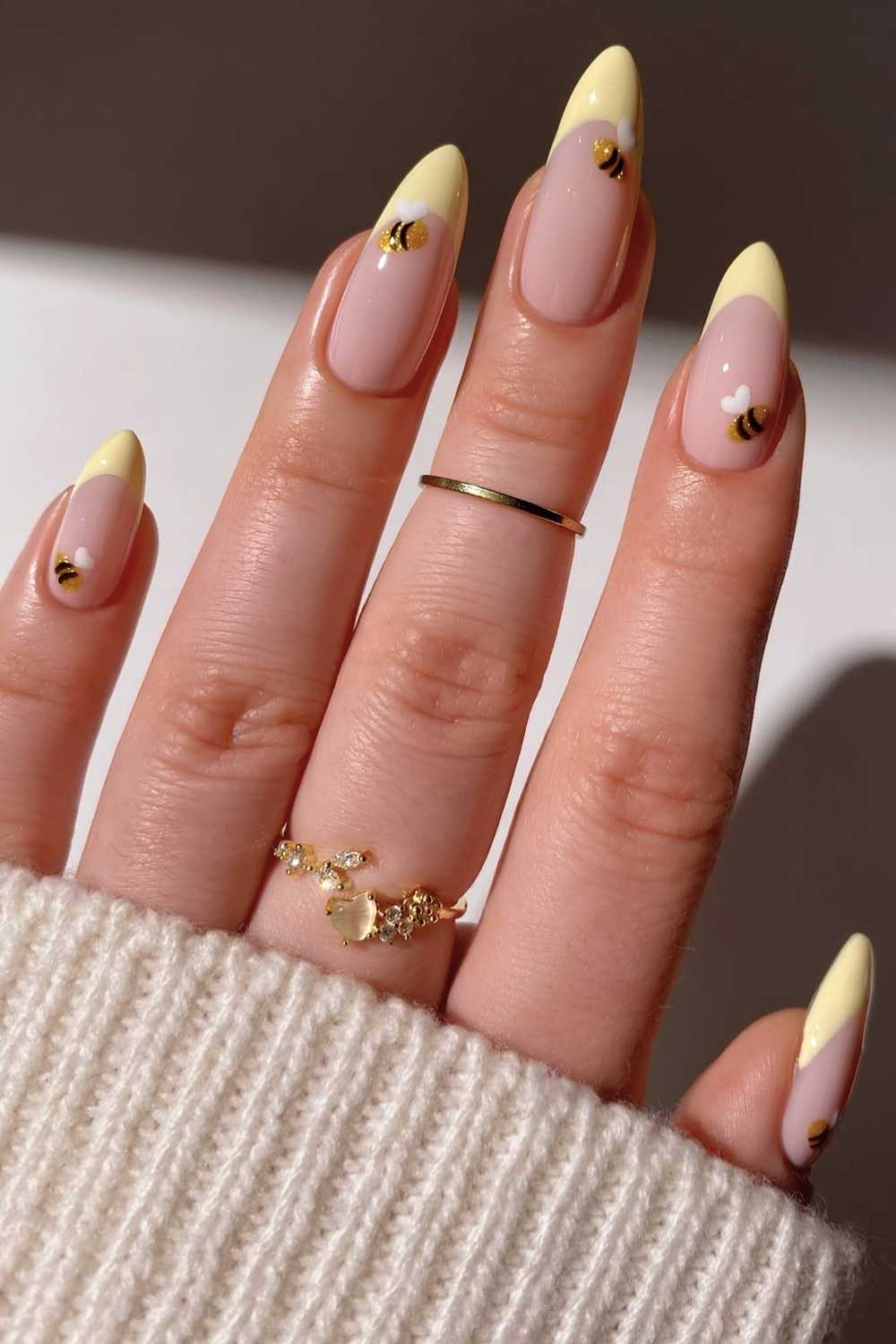 Yellow french mani with glittery bee art