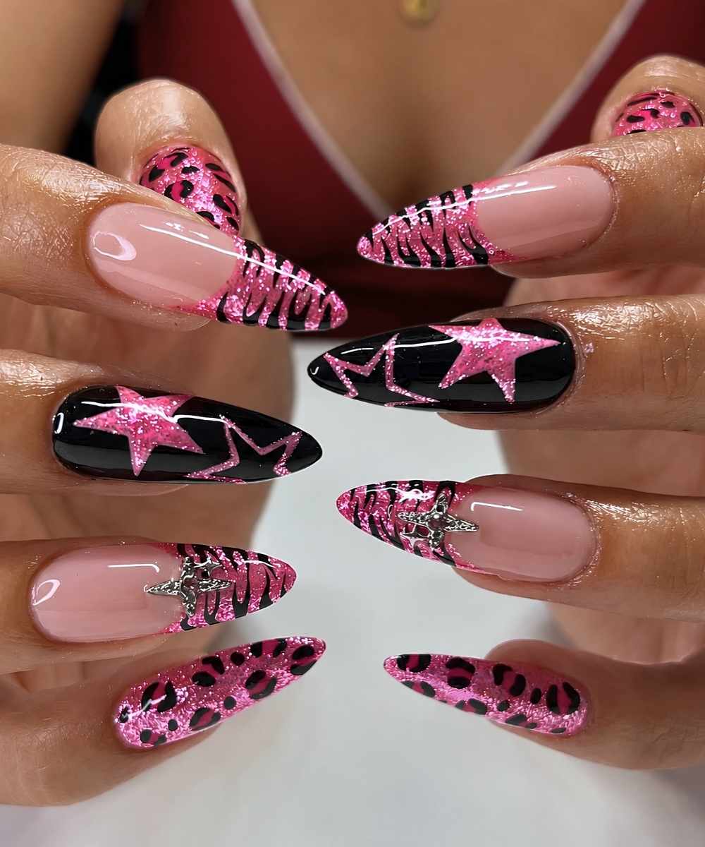 Black and pink mani with animal print and stars