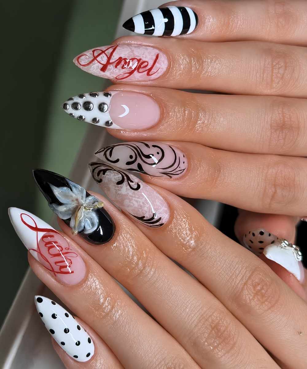 Black and white y2k tattoo flash mani