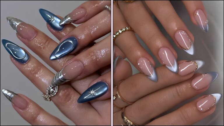 A collage of blue cat eye nails