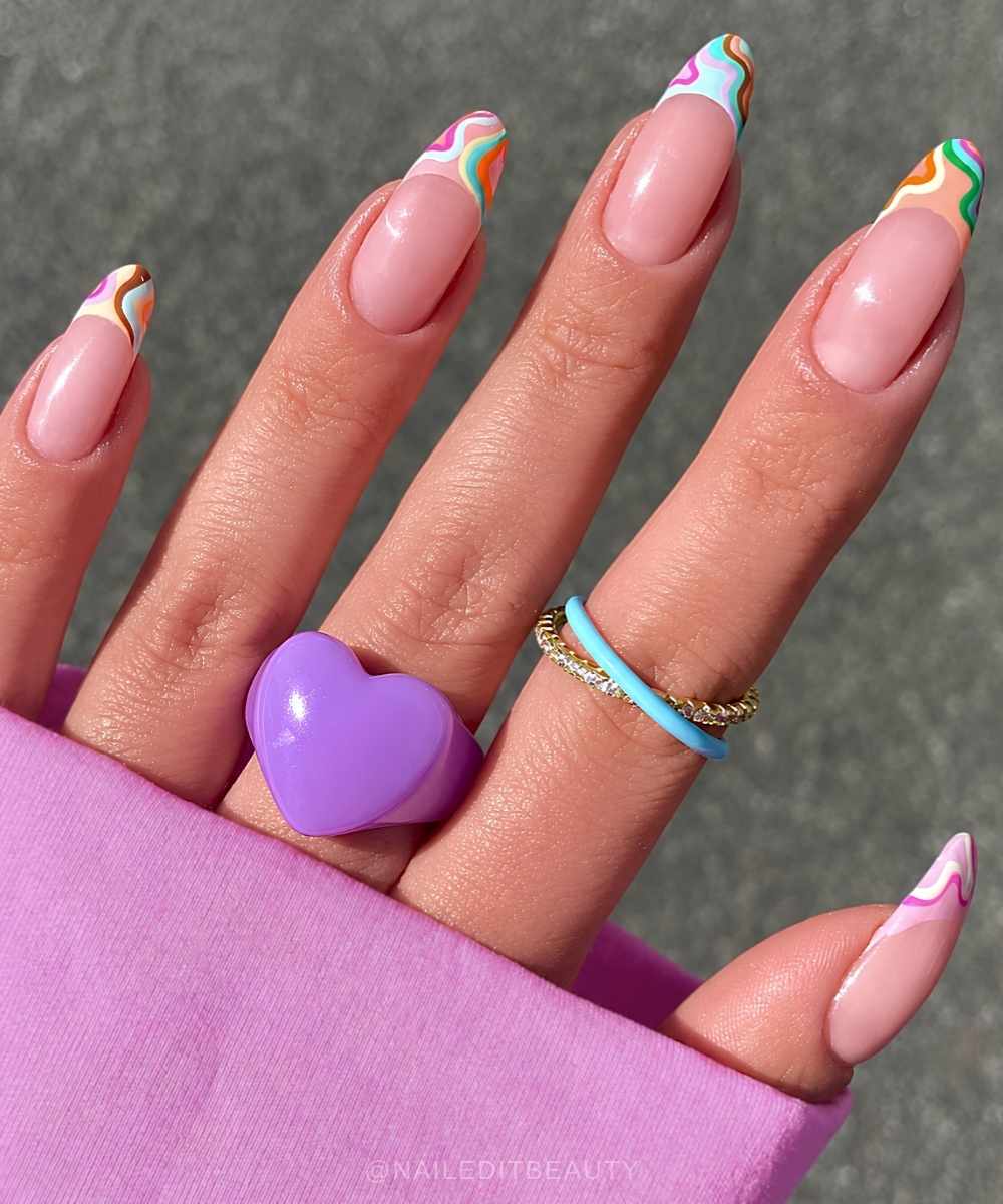 Colorful French mani with groovy swirl art