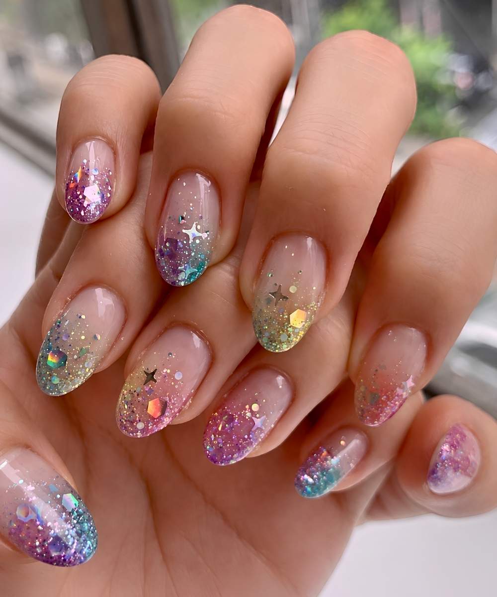 Colorful y2k glitter ombre manicure