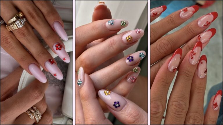 A collage of gem flower nail designs