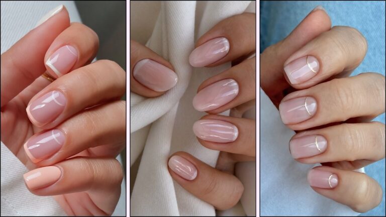 A collage of half moon nail designs
