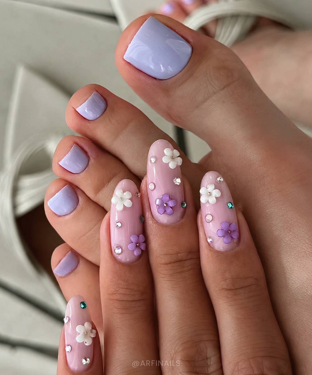 Lavender pedi and milky mani with purple flowers