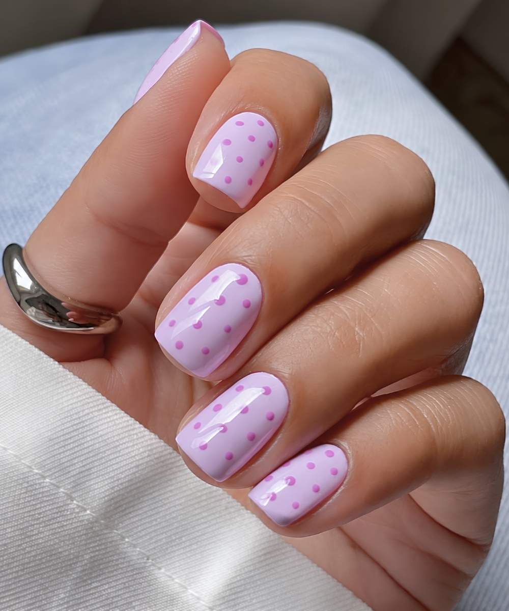 Lilac nails with pink polka dots