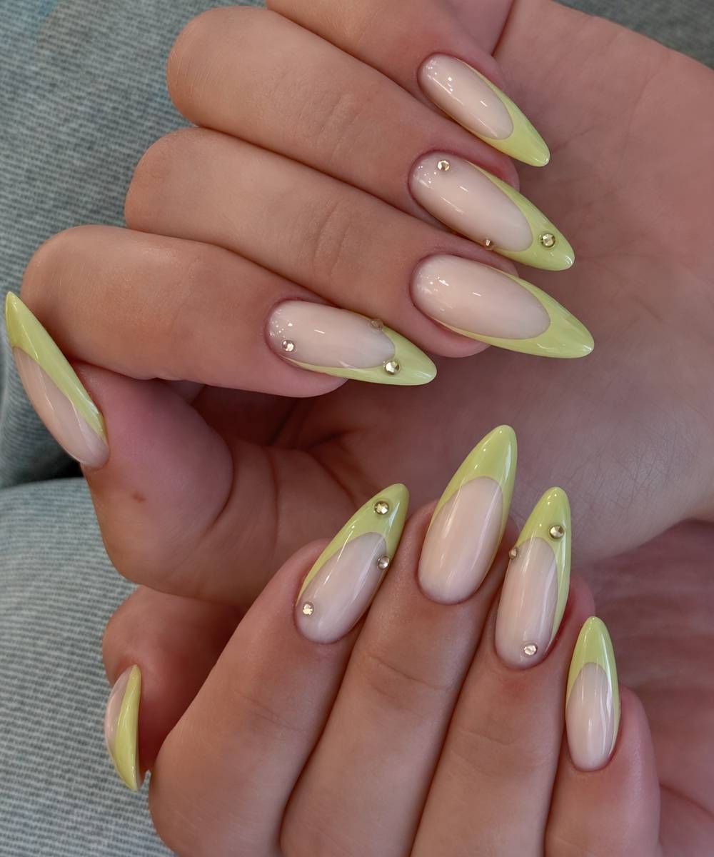 Matcha green French mani with rhinestones
