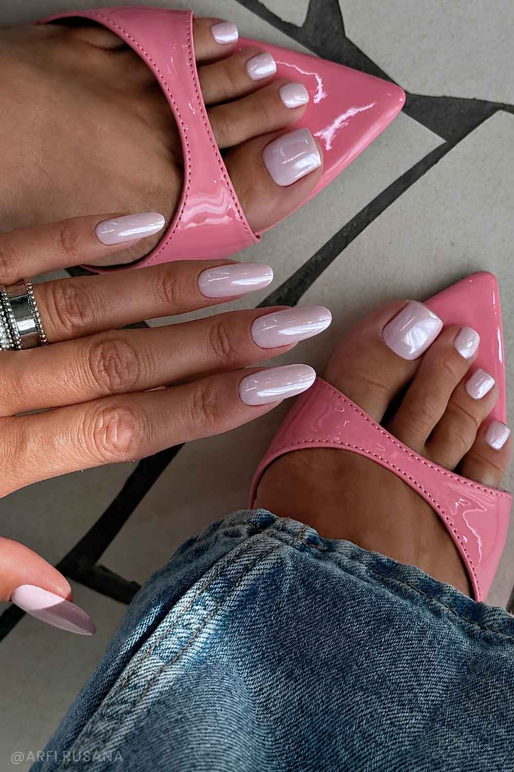 Matching pink chrome manicure and pedicure