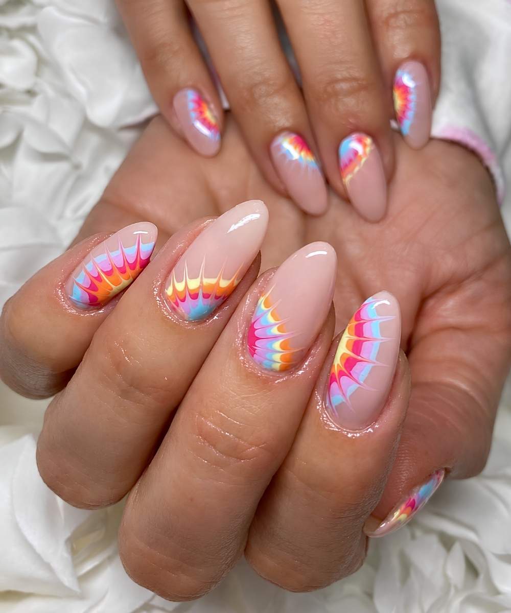 Milky nails with colorful tie dye art