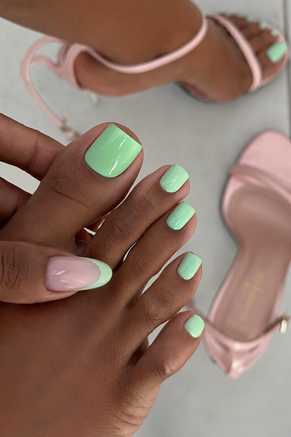 Mint green pedi and mint French tip mani