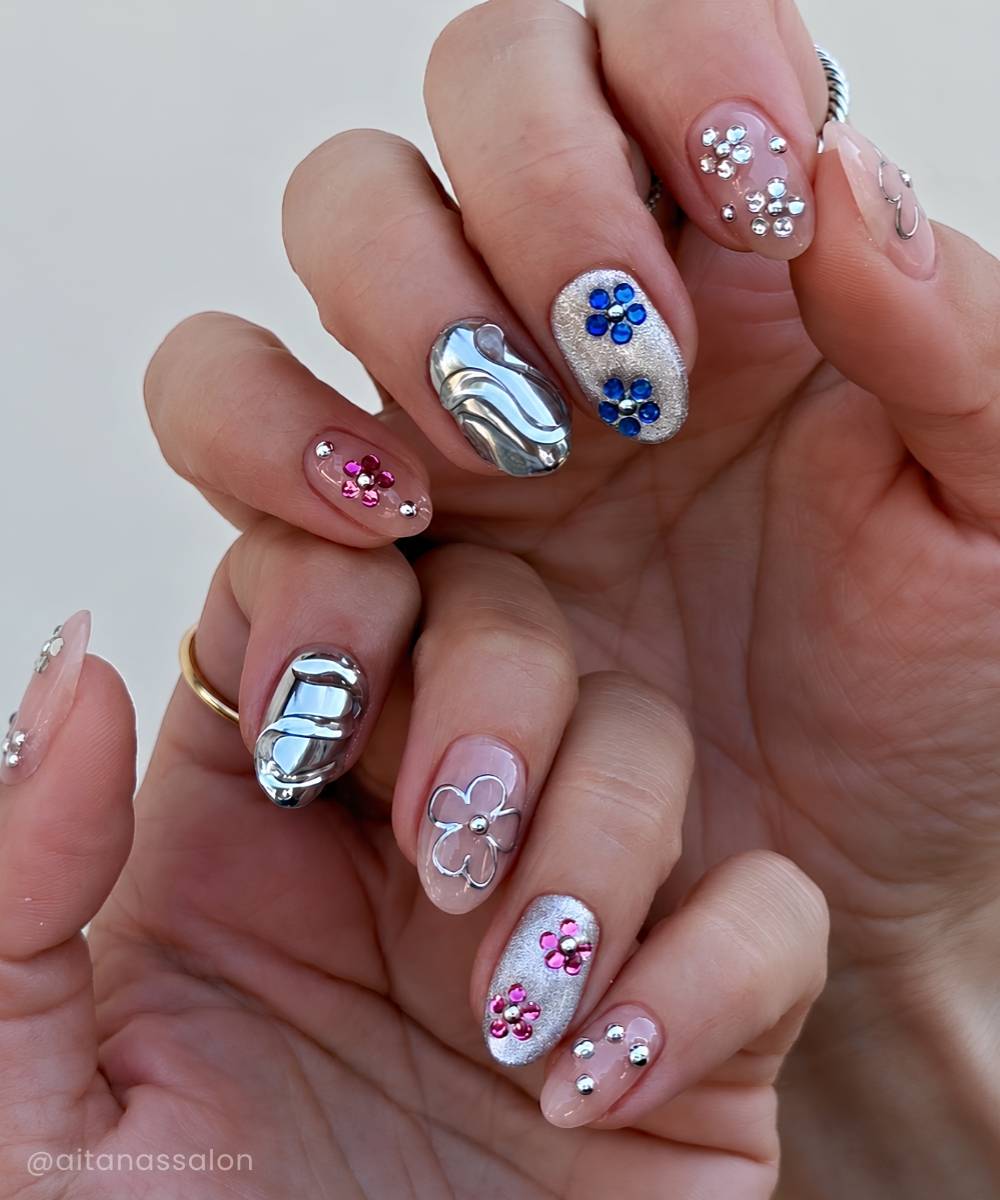 Mix and match mani with gem flowers