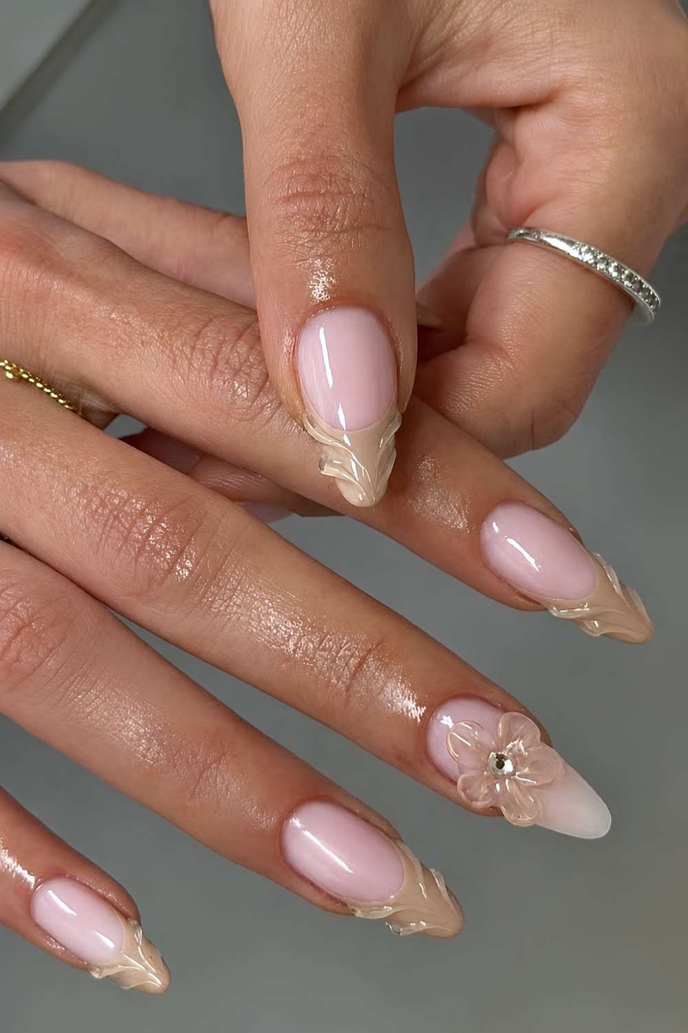 Neutral French mani with 3d flowers and swirls