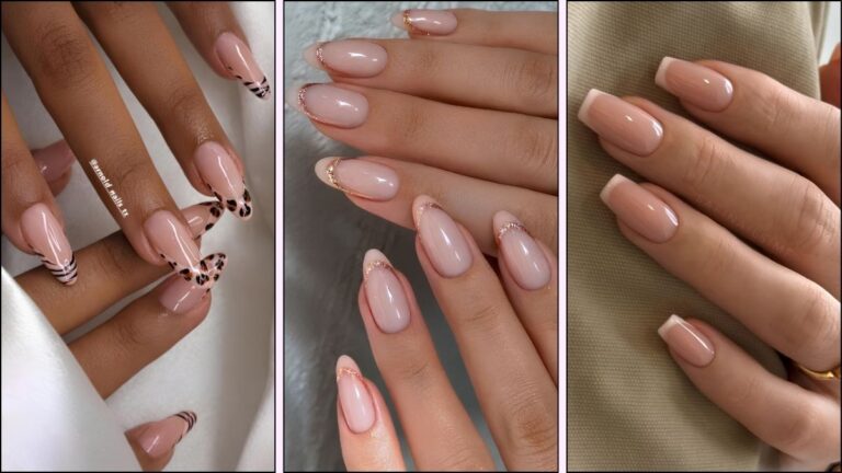 A collage of neutral French tip manicures