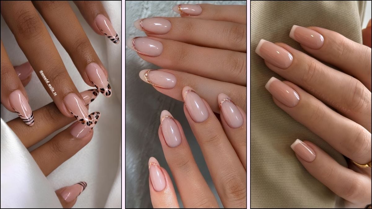 A collage of neutral French tip manicures