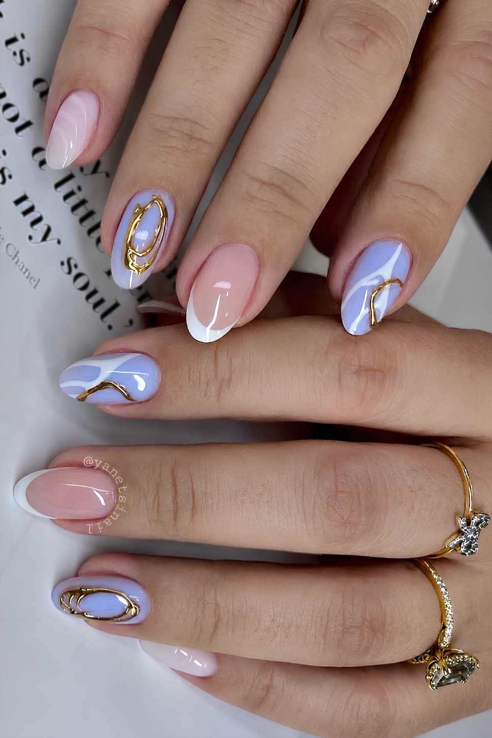 Periwinkle and white nails with gold details