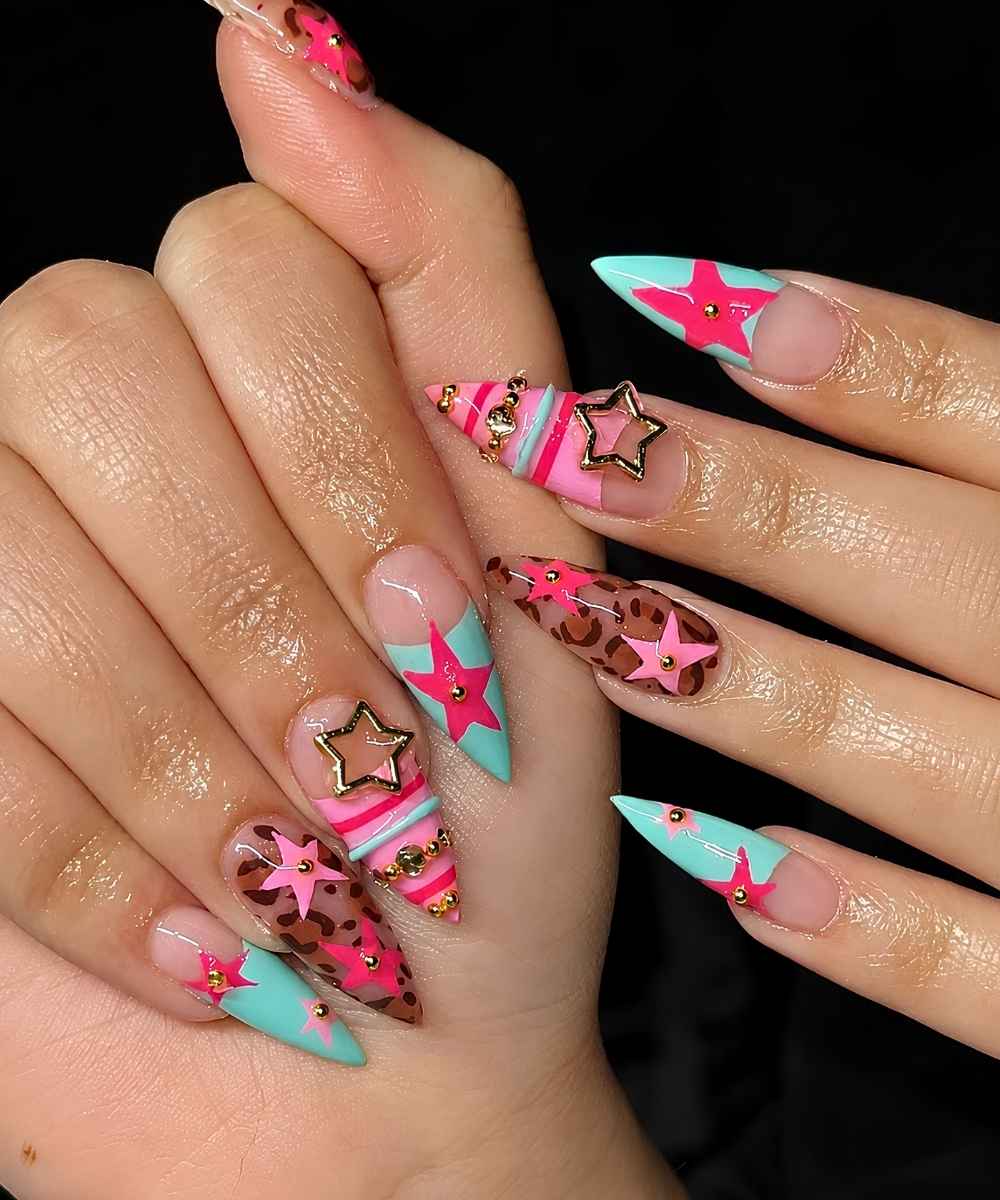 Pink and blue nails with stars and leopard print