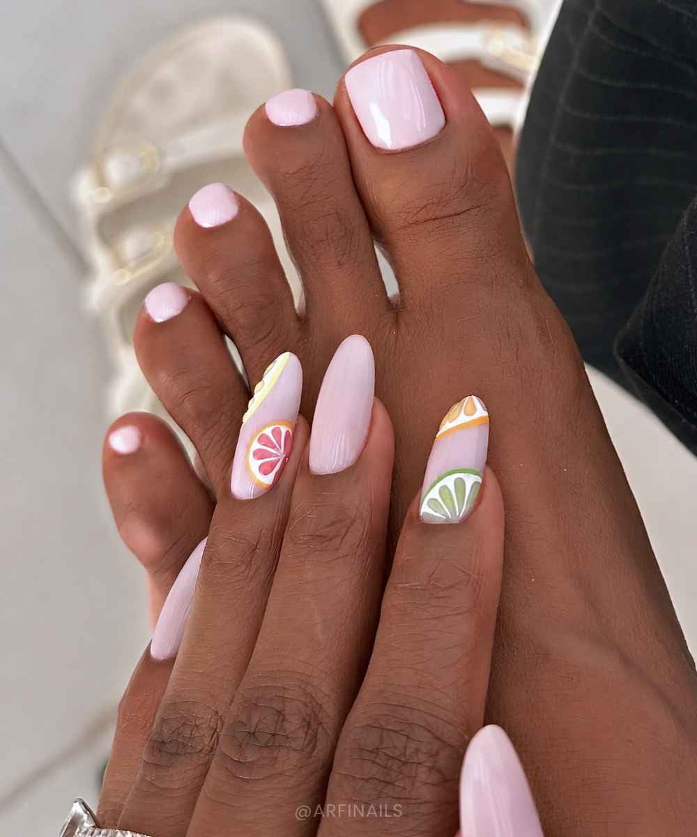 Pink pedicure and pink mani with fruit art