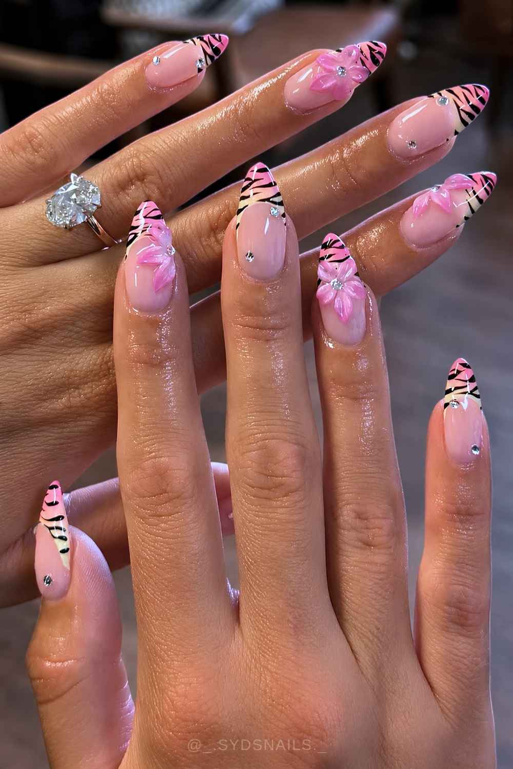 Pink zebra French mani with flowers