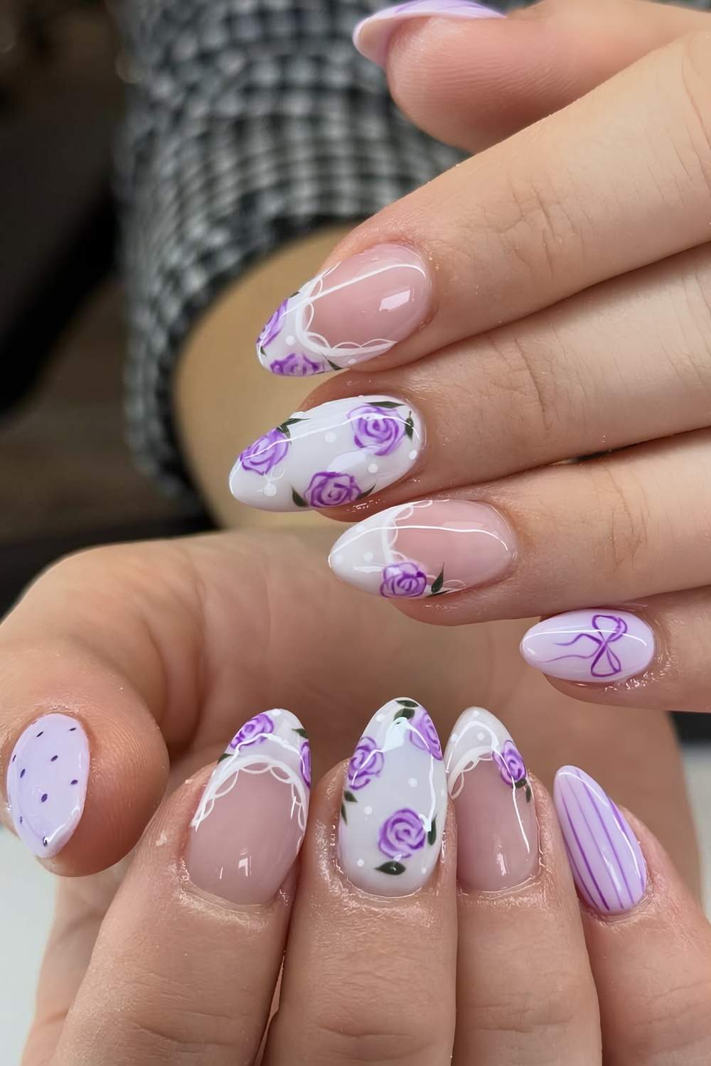 Purple and white coquette manicure