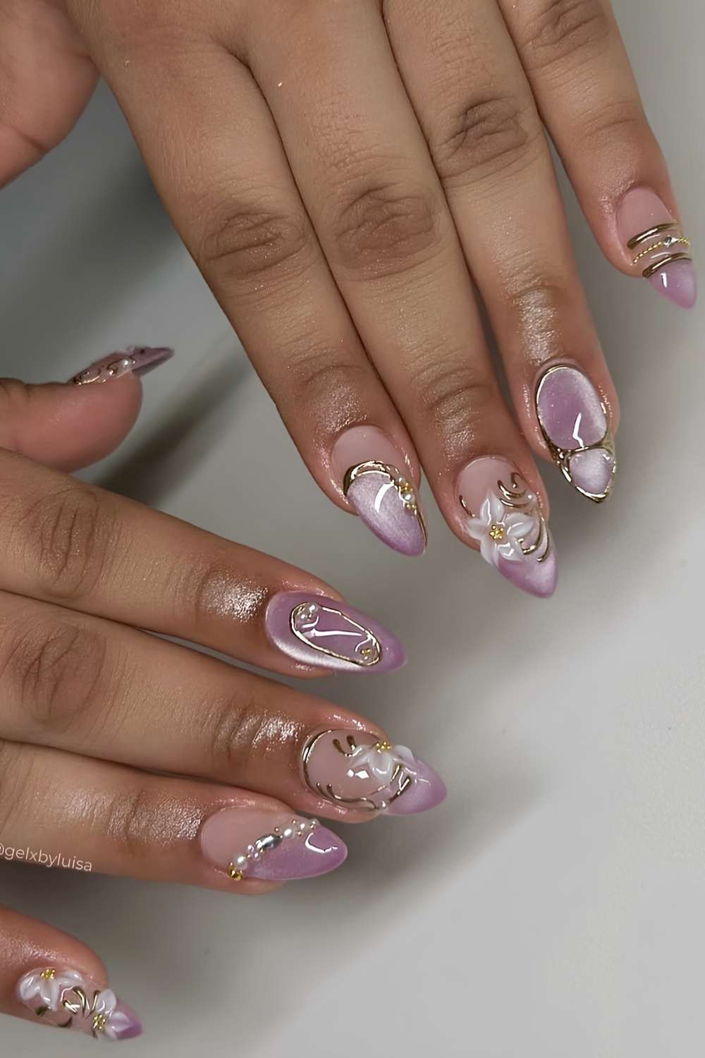 Purple cat eye with gold and floral art