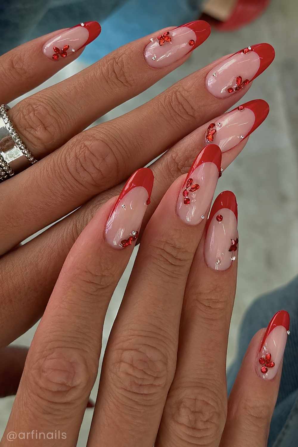 Red French mani with gem flowers