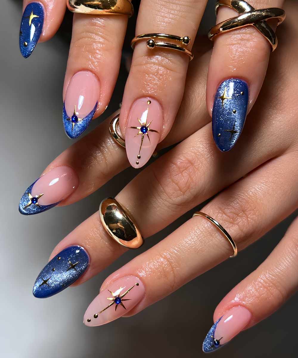 Sapphire blue cat eye mani with gold celestial art