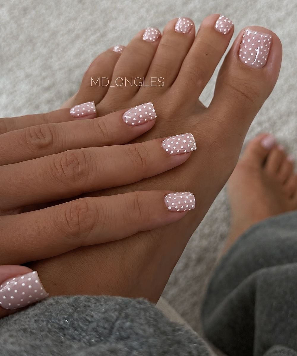 Sheer milky mani and pedi with white polka dots