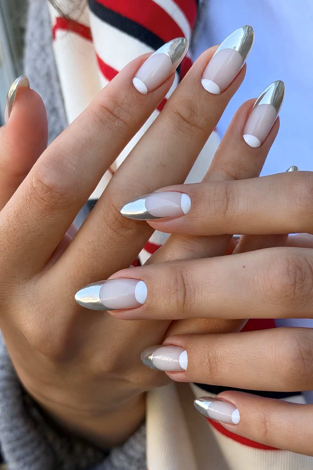 Silver French nails with white half moons