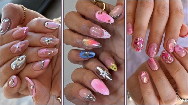 A collage of Y2K-inspired nail designs