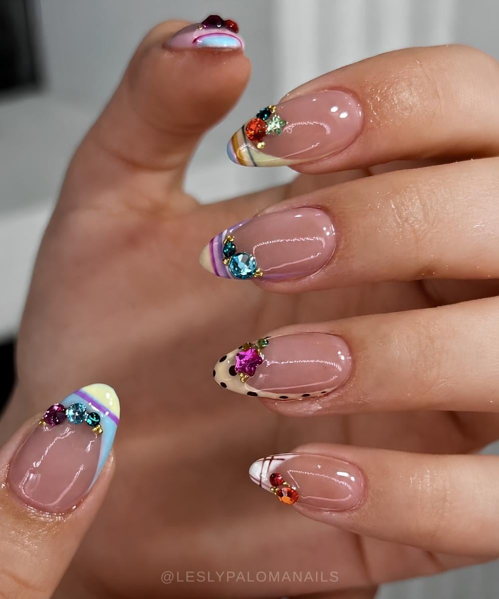 Bedazzled French nails with stripes and dots