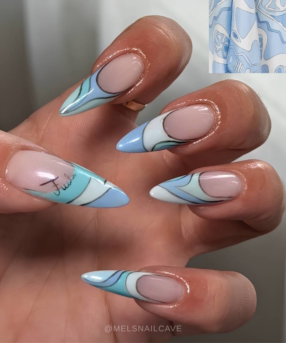 Blue and white Pucci nails
