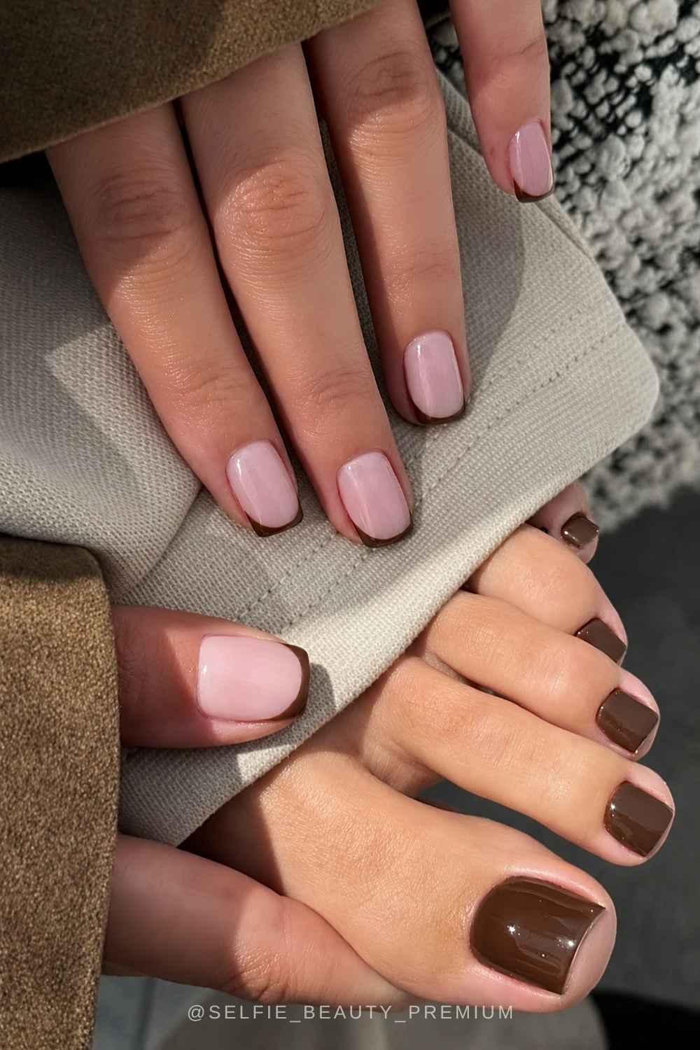 Brown French mani and solid brown pedi