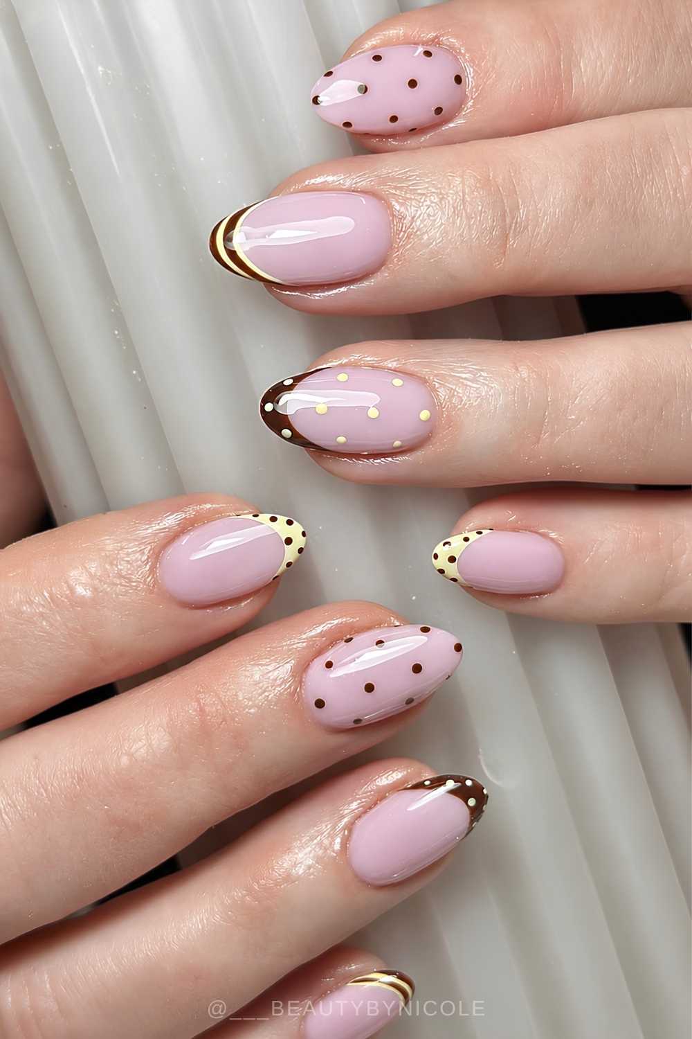 Brown and yellow French mani with dots and stripes