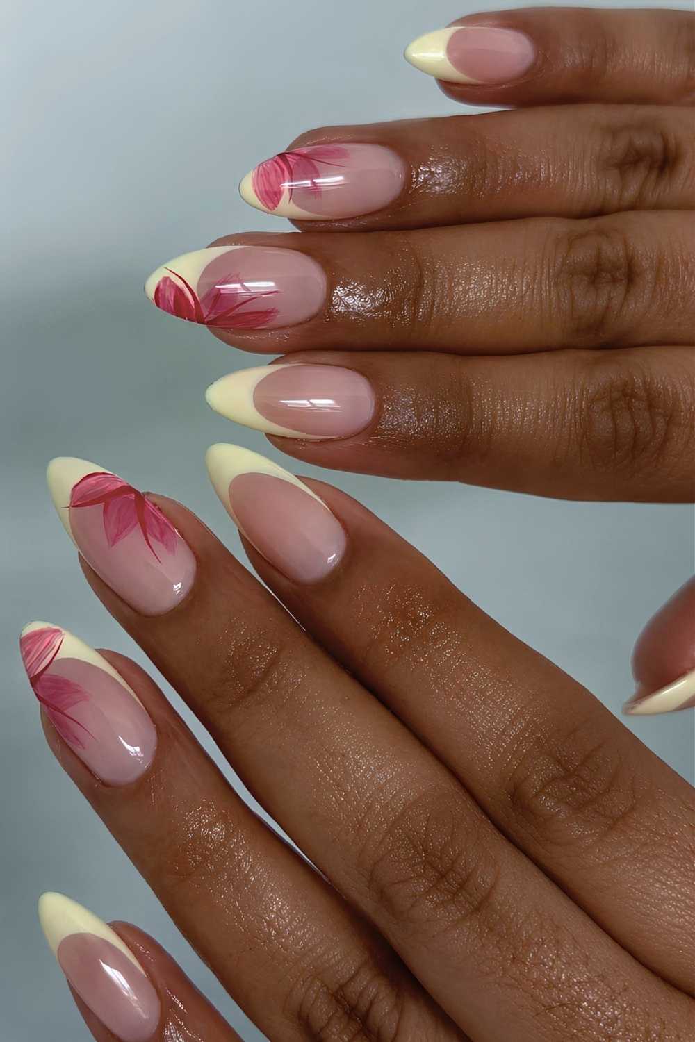 Butter yellow French mani with red flowers