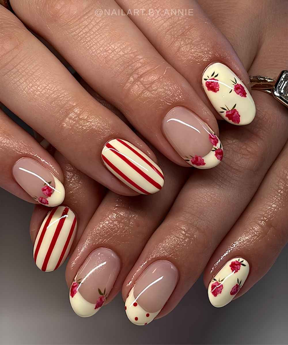 Butter yellow nails with red rose art
