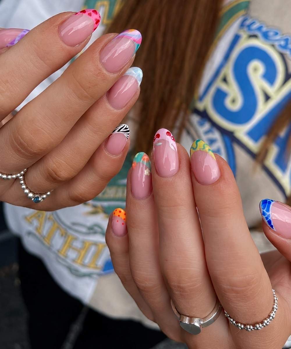 Colorful French mani with mixed micro motifs