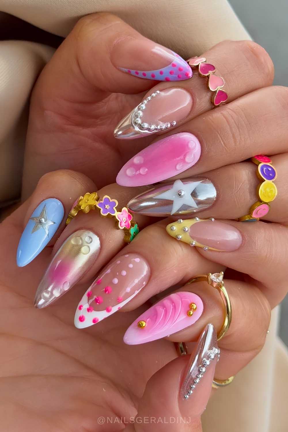 Colorful mani with silver chrome and stars