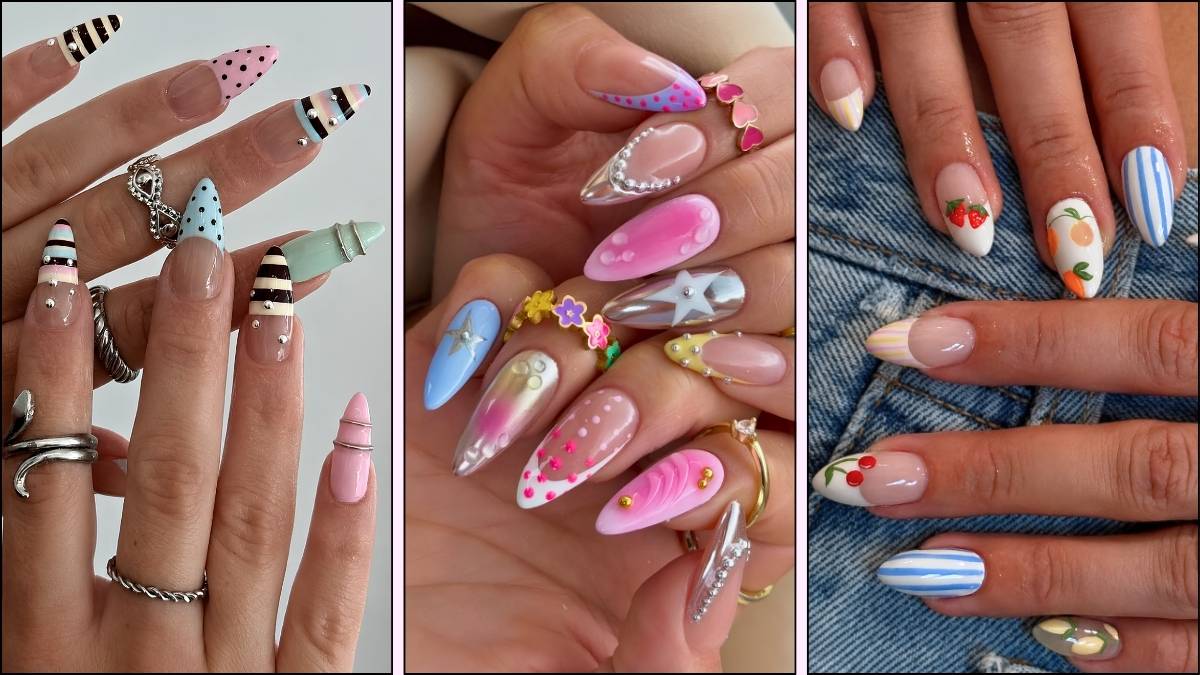 A collage of colorful nail designs