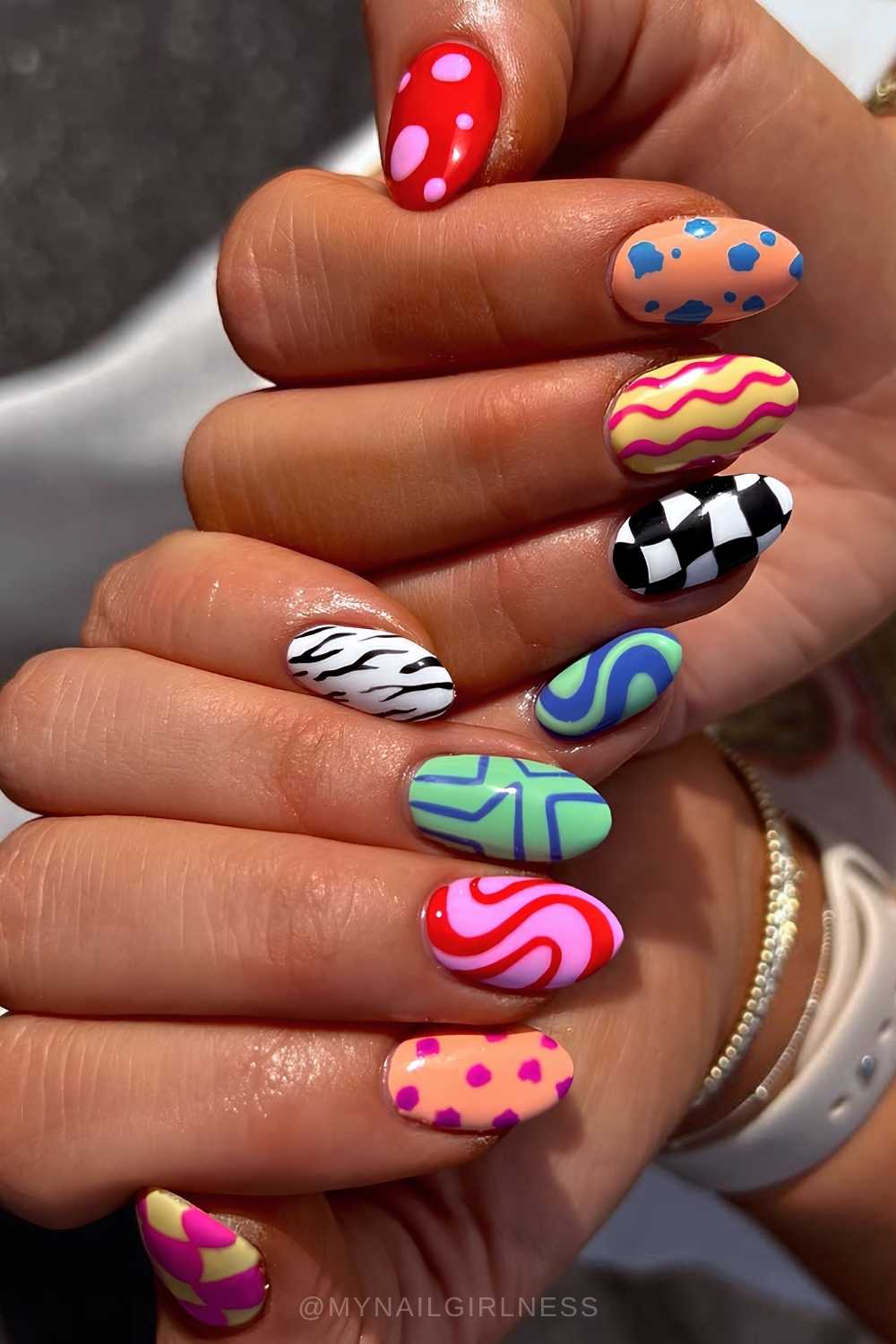 Colorful nails with mixed pattern art